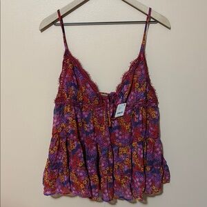 Free People Purple and Orange Ruffled Tie Front Camisole
